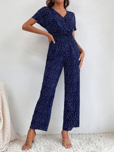 

tall polka dot print batwing sleeve shirred waist jumpsuit i8ov#, Black;white