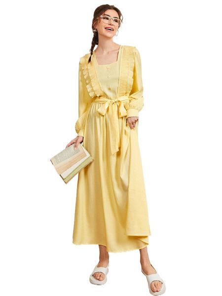 

b.utton f.ront r.uffle trim b.elted d.ress d7fm#, Black;gray