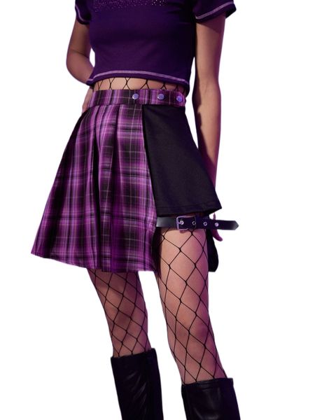 

romwe colorblock tartan buckle pleated skirt o65o#, Black
