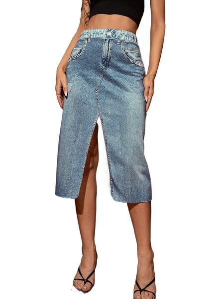 

high waist split hem chambray skirt z0kc#, Black