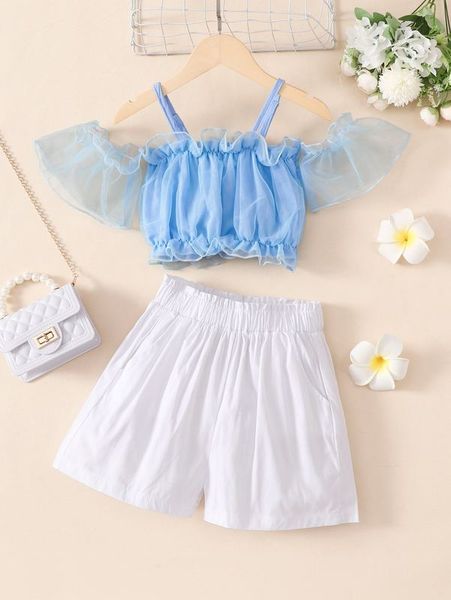 

girls ruffle trim blouse & slant pocket shorts she, White