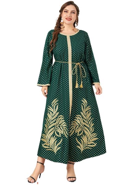 

plus gold polka dot plant embroidery contrast tape tassel belted dress a9co#, Black