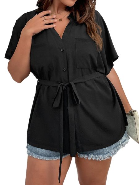 

plus dolman sleeve dual pocket drawstring waist peplum shirt y9ri#, Black