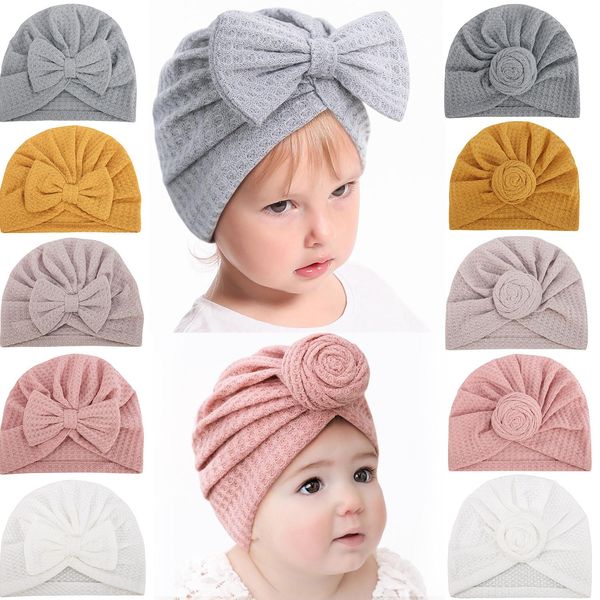 Recém -nascido Waffle Bow Hat Hat Baby Caps Indian Girls Knit