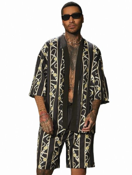 

men striped & chain print kimono & shorts e4yy#, Gray