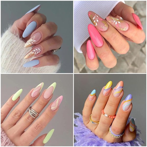 Unhas falsas 24 peças, unhas falsas de amêndoa, design francês curto, prensa em unhas, bailarina artificial, cobertura completa, pontas de unhas falsas