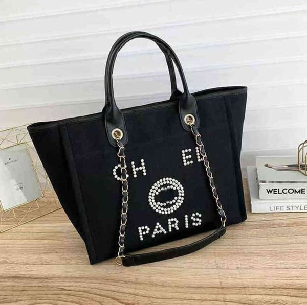 

fashion classic luxury beach bags tote label pearl evening bag portable large capacity female designer canvas handbag brand ch women handbag