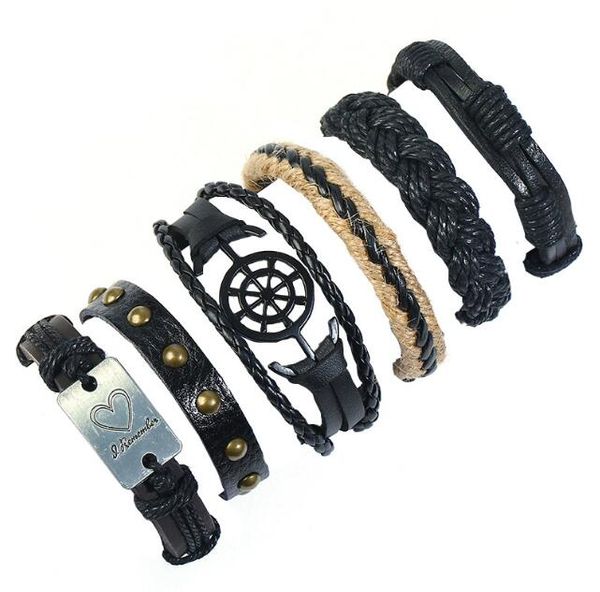 Niete Hanfseil Serie Männer Frau Rindsleder Armband DIY Perlenstränge schwarz Mehrere Aktien Geflecht Kombination Anzug Armband 6 Arten / 1 Satz