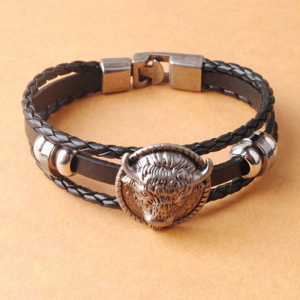 

vintage bull head bracelet men rock charm braided bracelets male antique leather braslet cuff wrist cool jewelry bc004, Golden;silver