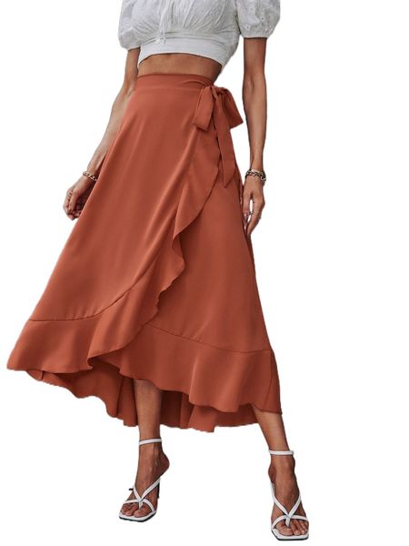 

solid wrap hem tie side skirt 00xv#, Black