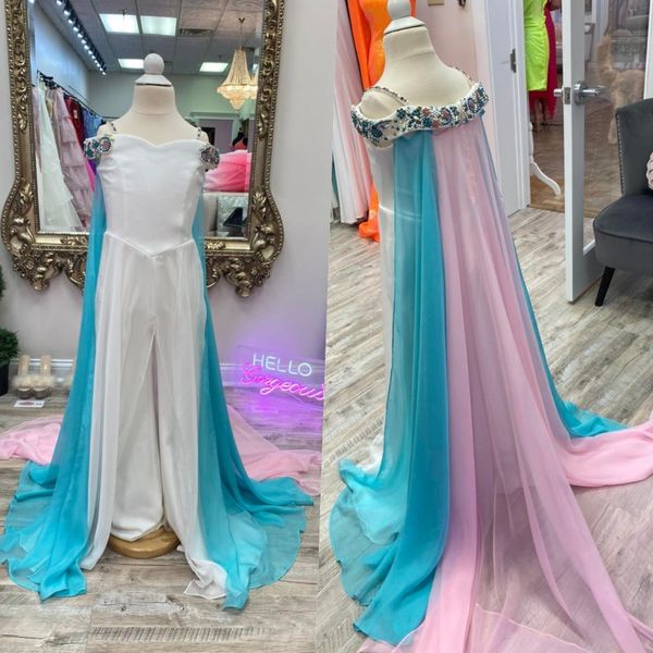 Colore a contrasto Vestito da spettacolo per ragazza Tuta Pagliaccetto 2023 Mantello in chiffon Bambini piccoli Compleanno Abito da festa formale con spalle scoperte Infantile Bambino Adolescenti Preteen Multicolore