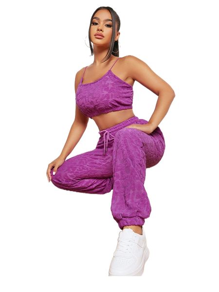 

sxy solid crop cami & drawstring waist pants set x2ou#, White