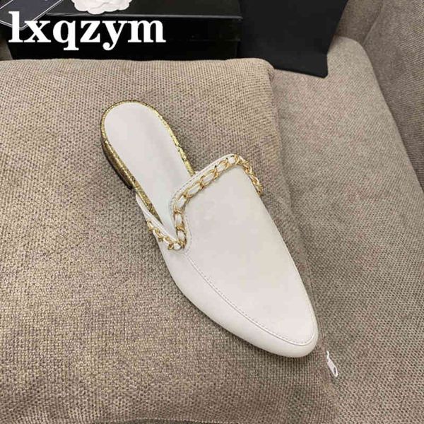 

dress shoes chain decor women slippers genuine leather lazy mules female spring vacation outdoor summer flat sandals, Black