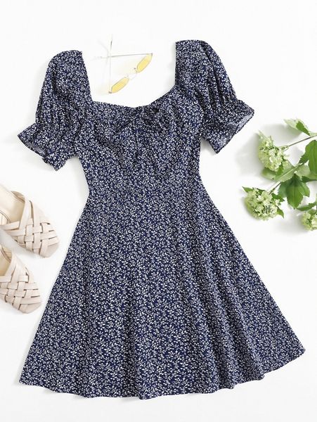 

allover plants print drawstring front ruffle cuff dress 72kj#, Black;gray