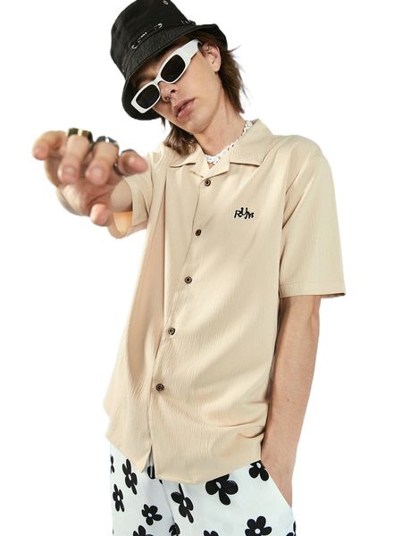 

men letter embroidery textured shirt p2dn#, White;black