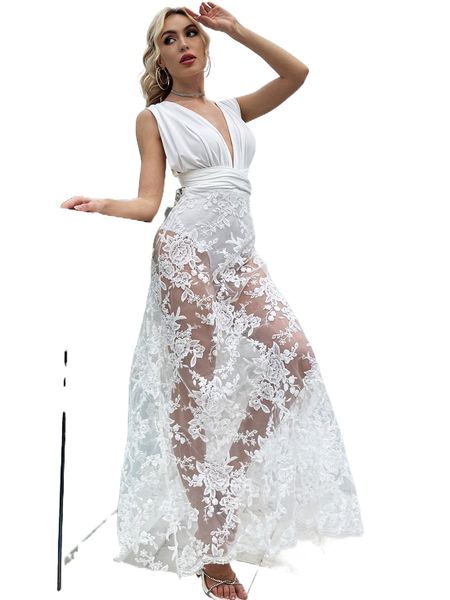 

d& crisscross backless floral embroidery mesh hem bodysuit with dress g3jg#, White