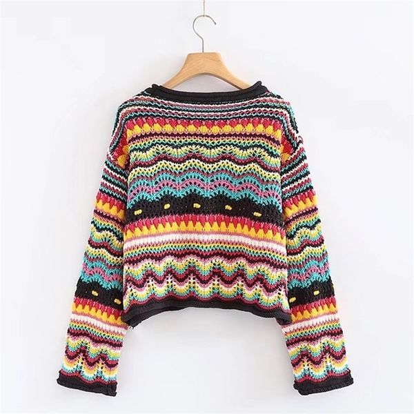 

vintage sweet multicolored yarn short knit sweater women fashion o neck long sleeve ladies pullovers casual pull femme 201204, White;black