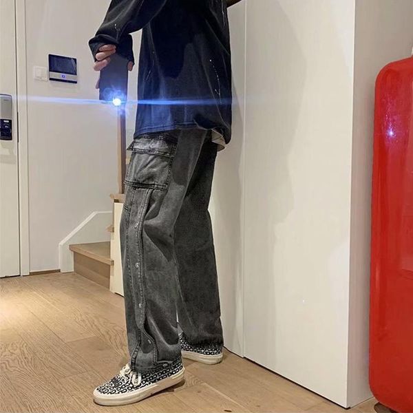 

men's jeans breasted split loose straight leg retro trousers, Blue