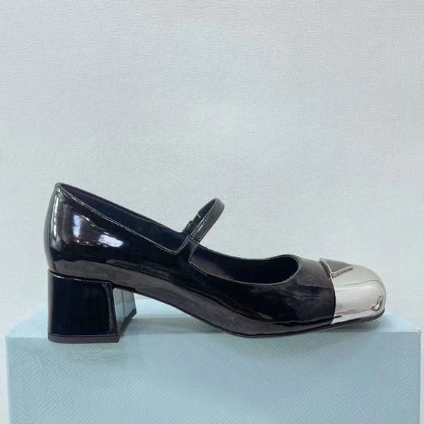 

2023brand new summer new triangle buckle round head leather iron head bag mary jane shoes women's thin section full drill gas belt banq, Black