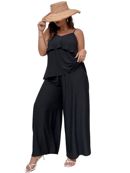 

plus layered hem cami & wide leg pants 73dj#, Black