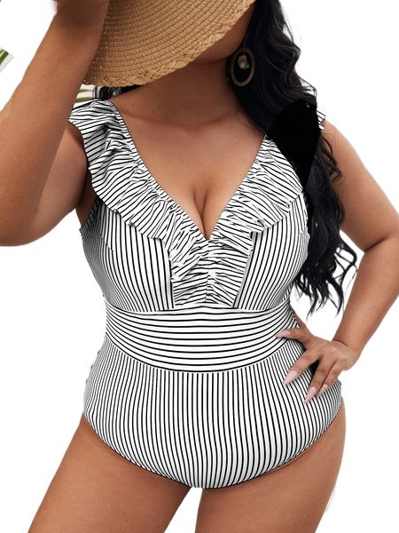

plus striped frill trim one piece swimsuit e0jj#, White;black