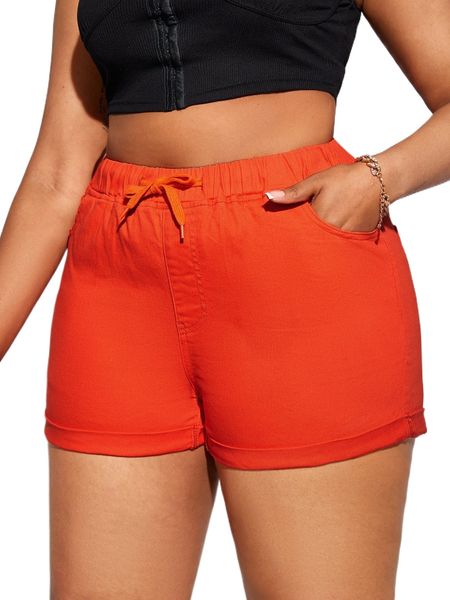 

plus drawstring waist roll up hem denim shorts r82t#, White;black