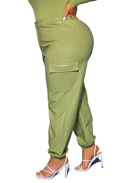 

sxy plus high waist flap pocket pu leather pants e1l4#, Black