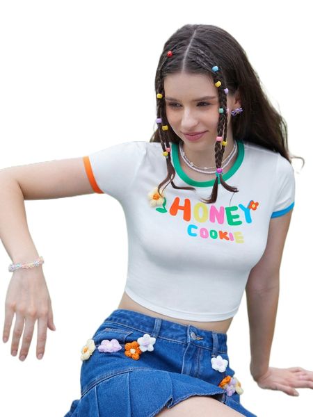 

mod slogan graphic floral patched contrast binding crop tee o0rw#, White