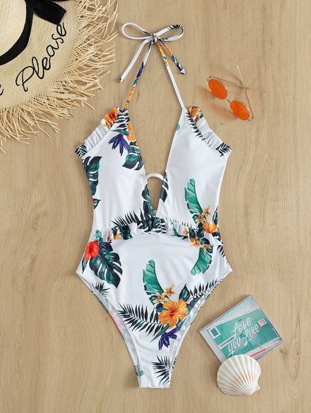 

tropical print frill trim one piece swimsuit x2zj#, White;black