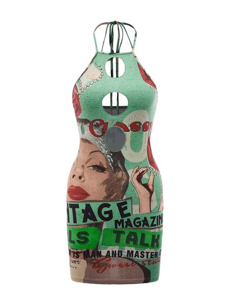 

halter neck figure & letter graphic cut out tie back dress c4yp#, Black;gray