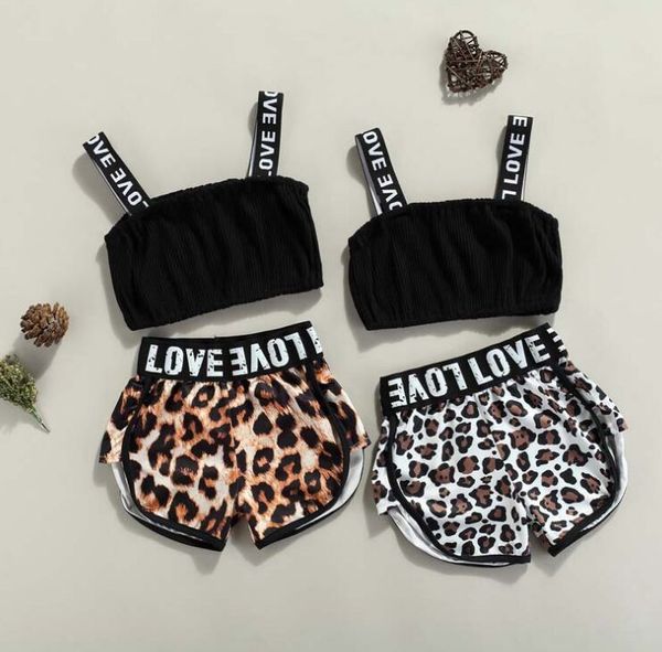 Mädchen Anzug Baby Neckholder Weste Set beschriftet Leopardenmuster Shorts stilvolle lässige zweiteilige Set Kinder Kleidung Sets