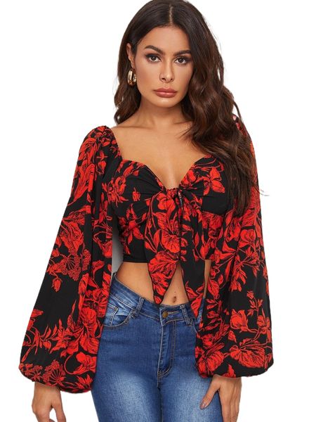 

tie front shirred detail bishop sleeve floral crop n1yz#, White