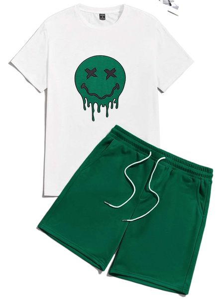 

men cartoon graphic tee & drawstring waist shorts set u4f7#, Gray