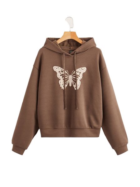 

butterfly print drop shoulder drawstring hoodie w7zh#, Black