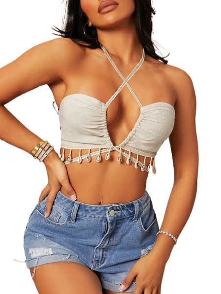 

sxy shell trim tie backless halter q54x#, White