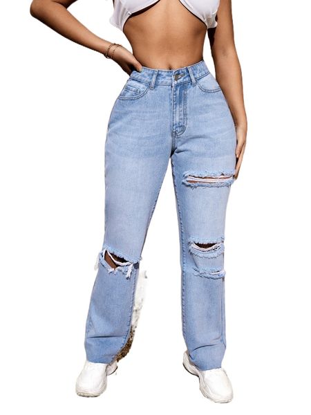 

sxy high waist ripped raw hem jeans m49h#, Blue
