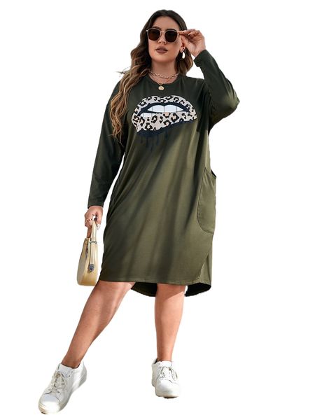 

plus leopard & mouth print tee dress s8pp#, Black
