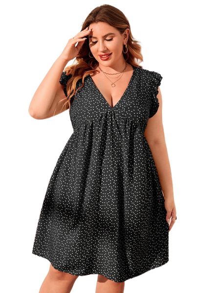

plus all over heart print ruffle trim dress v98u#, Black