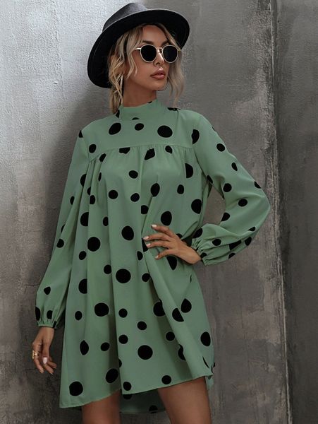 

polka dot tie back bishop sleeve babydoll dress m0mo#, Black;gray