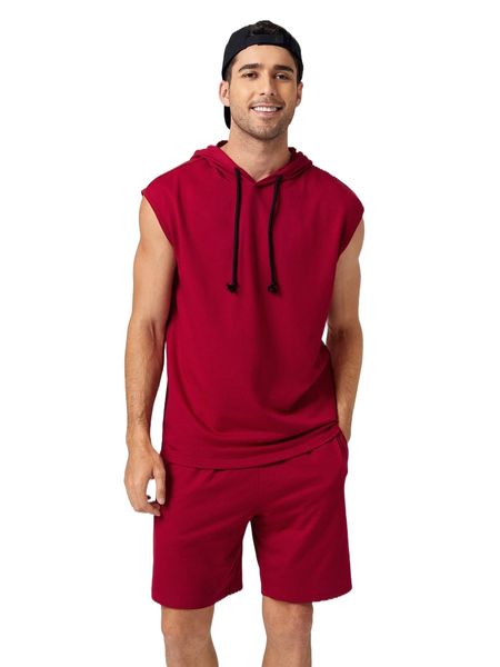 

men drawstring hooded tank & shorts r50k#, Gray