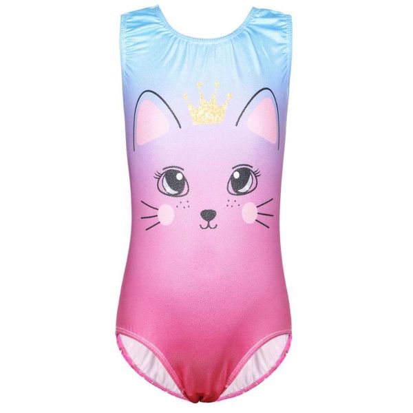 Sahne Giyim Parlak kolsuz jimnastik leotard kızlar karikatür kedi desen bale çocuklar eğitim bodysuits dans tulumları