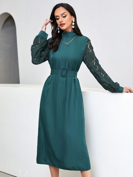 

contrast lace bishop sleeve mock neck belted dress p1dx#, Black;gray