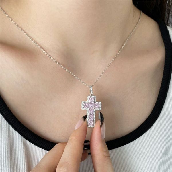 

luxury 925 sterling silver necklace jewelry woman cross necklace designer 5a zirconia pink white diamond chokers necklaces for teen girls tr