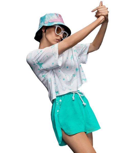 

x janie hao geo print drawstring waist shorts r8r1#, White;black