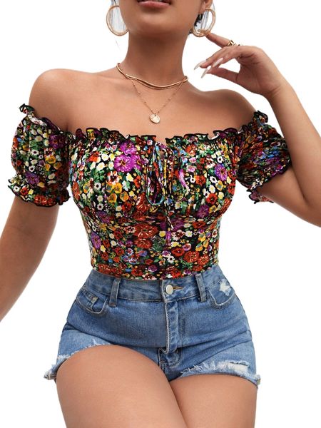

allover floral print off shoulder frill trim knot front tee b7em#, White