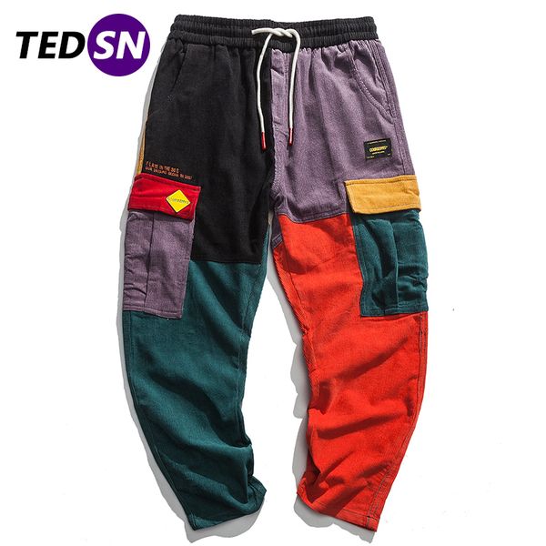 

tedsn hip hop cargo pants corduroy sweatpants men harem joggers vintage color block patchwork pants harajuku trousers loose 220816, Black