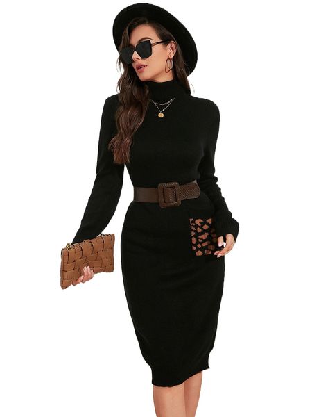 

turtleneck leopard pattern patched pocket sweater dress without belt i29k#, White;black