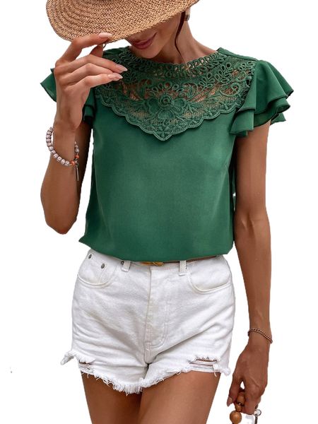 

guipure lace insert butterfly sleeve blouse a1l6#, White