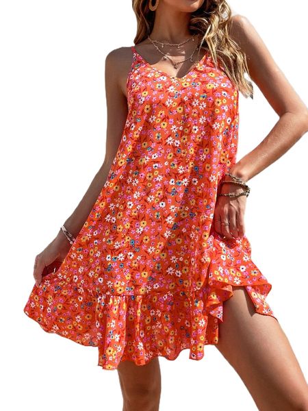 

allover floral print ruffle hem cami dress b5oi#, Black;gray