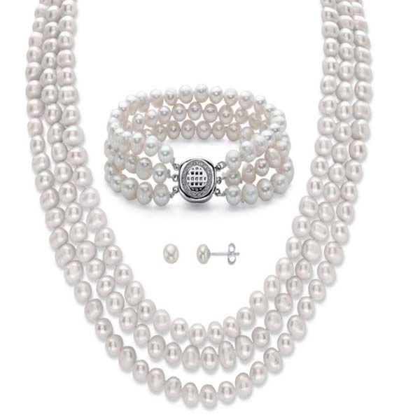 Weißes Süßwasserkuus -Perlen -Ohrring -Halskettenarmband -Set dreifacher Strang